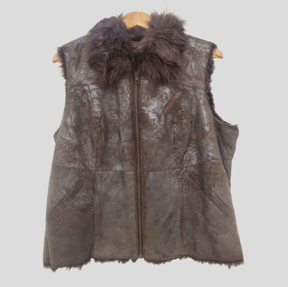 Vintage Women's Vest Brown Suede Leather/Faux Fur XL - Picture 4 of 9